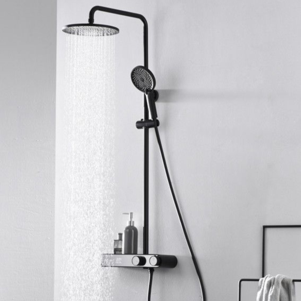 Matte Black Rainfall Shower System with Integrated Shelf