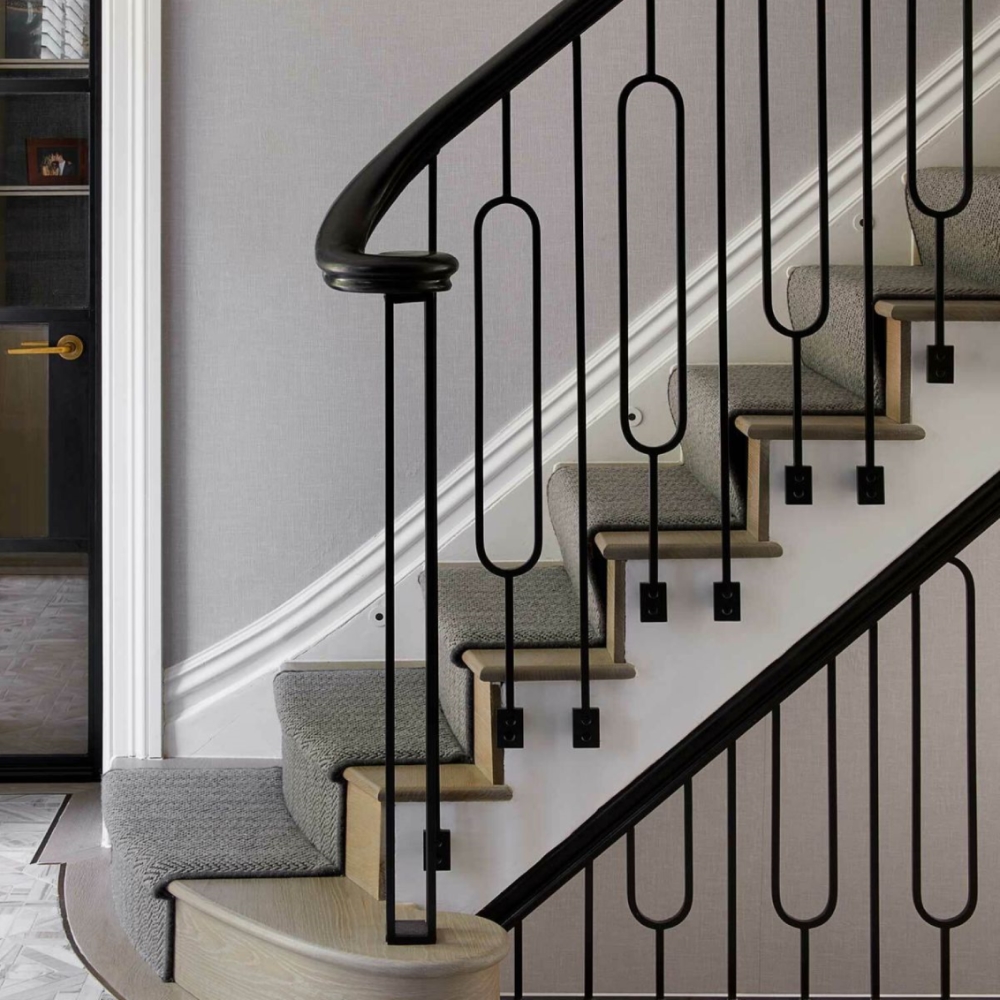 Custom Curved Black Metal Stair Railing with Wood Handrail