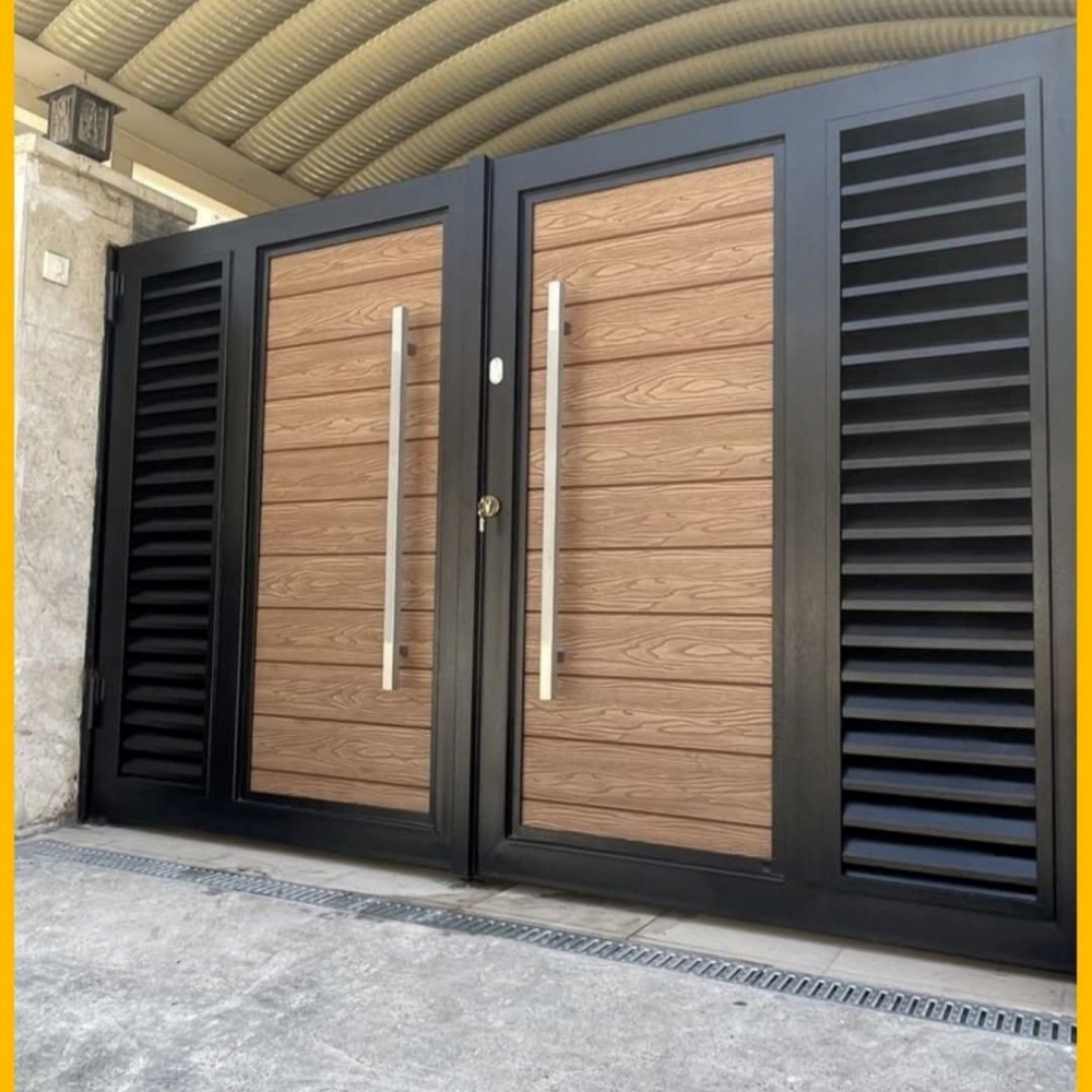 Modern Aluminum-Wood Grain Double Swing Driveway Gate