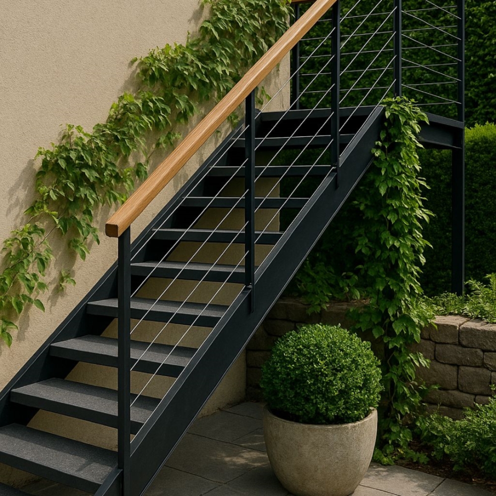 Outdoor Steel Staircase with Cable Railing and Wood Handrail