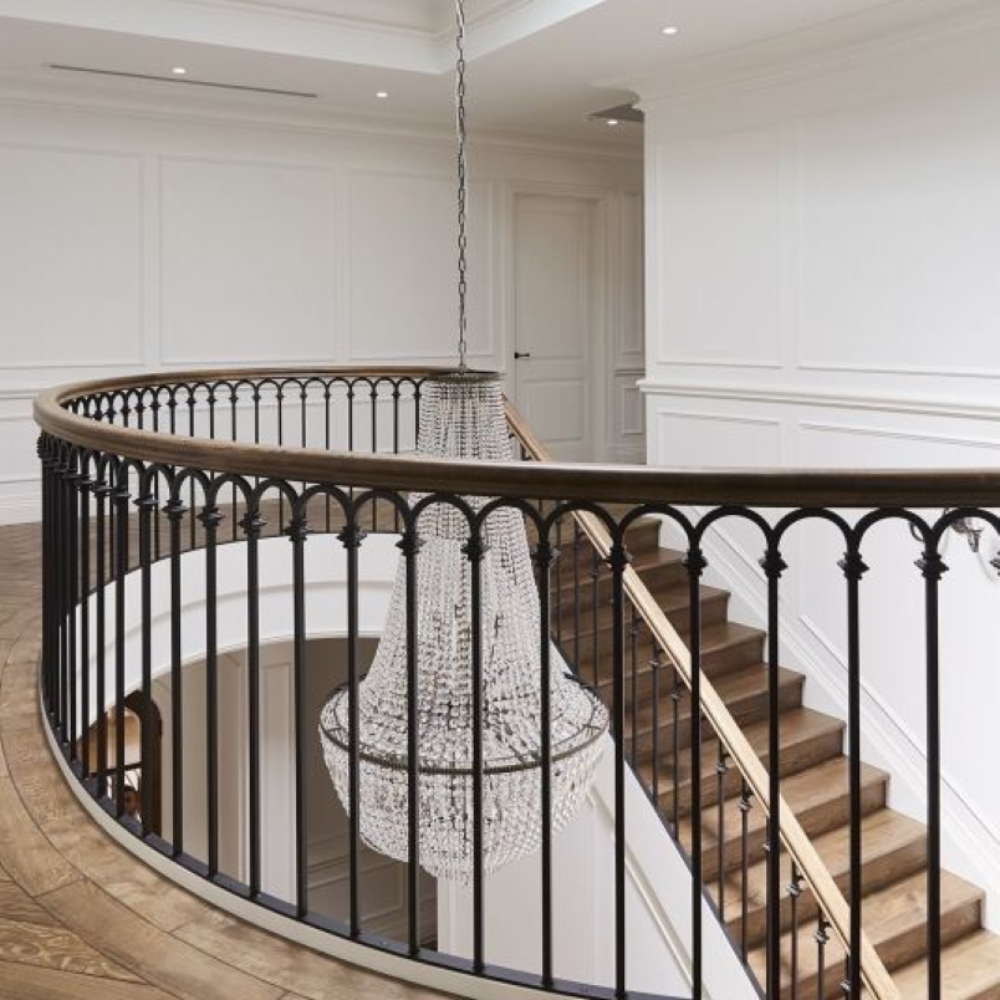 Custom Classic Curved Stair Railing with Wood Handrail