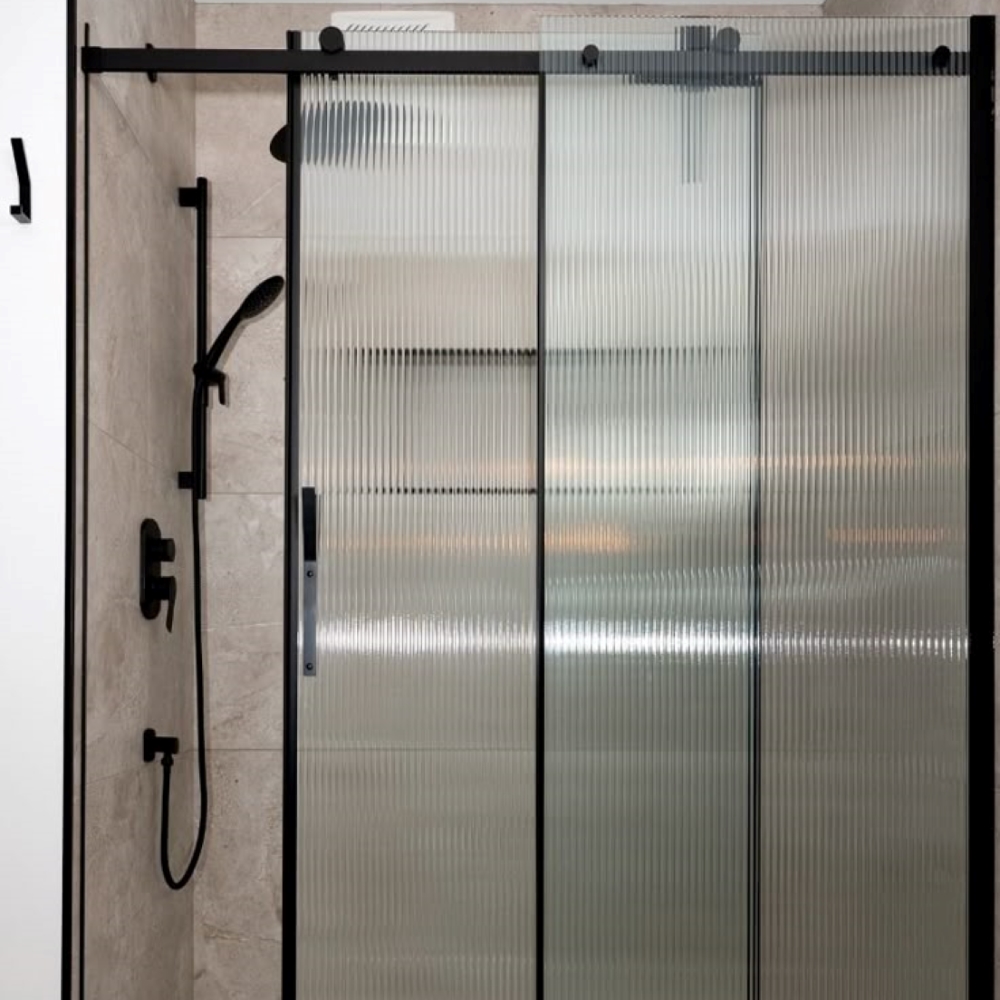 Black Rail Fluted Glass Sliding Shower Door