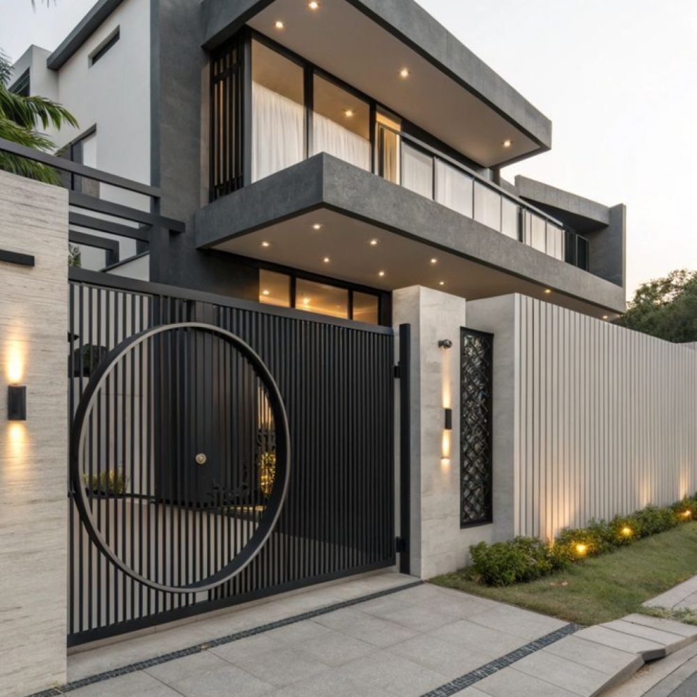 Modern Aluminum Privacy Swing Gate with Circular Accent